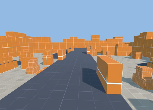 Proto Yard map: orange blocks along a dark lane